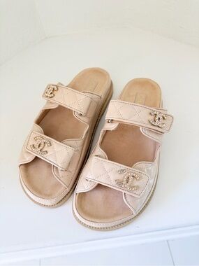 CHANEL 24P Beige Quilted Double-Strap Logo Slide Dad Sandals with Crystal CC